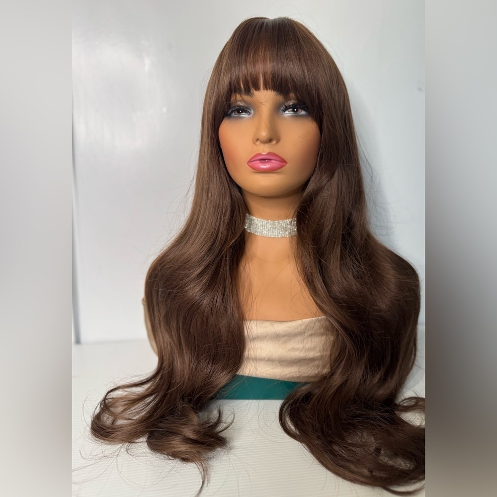 Beautiful Long Wavy Brown Wig with Bangs - Picture 9 of 10